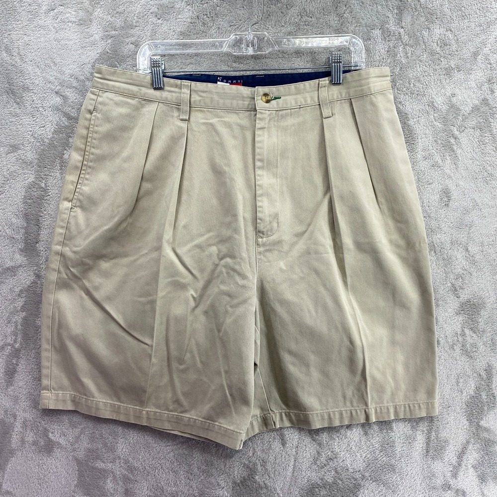 Vintage Tommy Hilfiger Khaki Pleated Chino Shorts Men's 38 Big Flag Logo